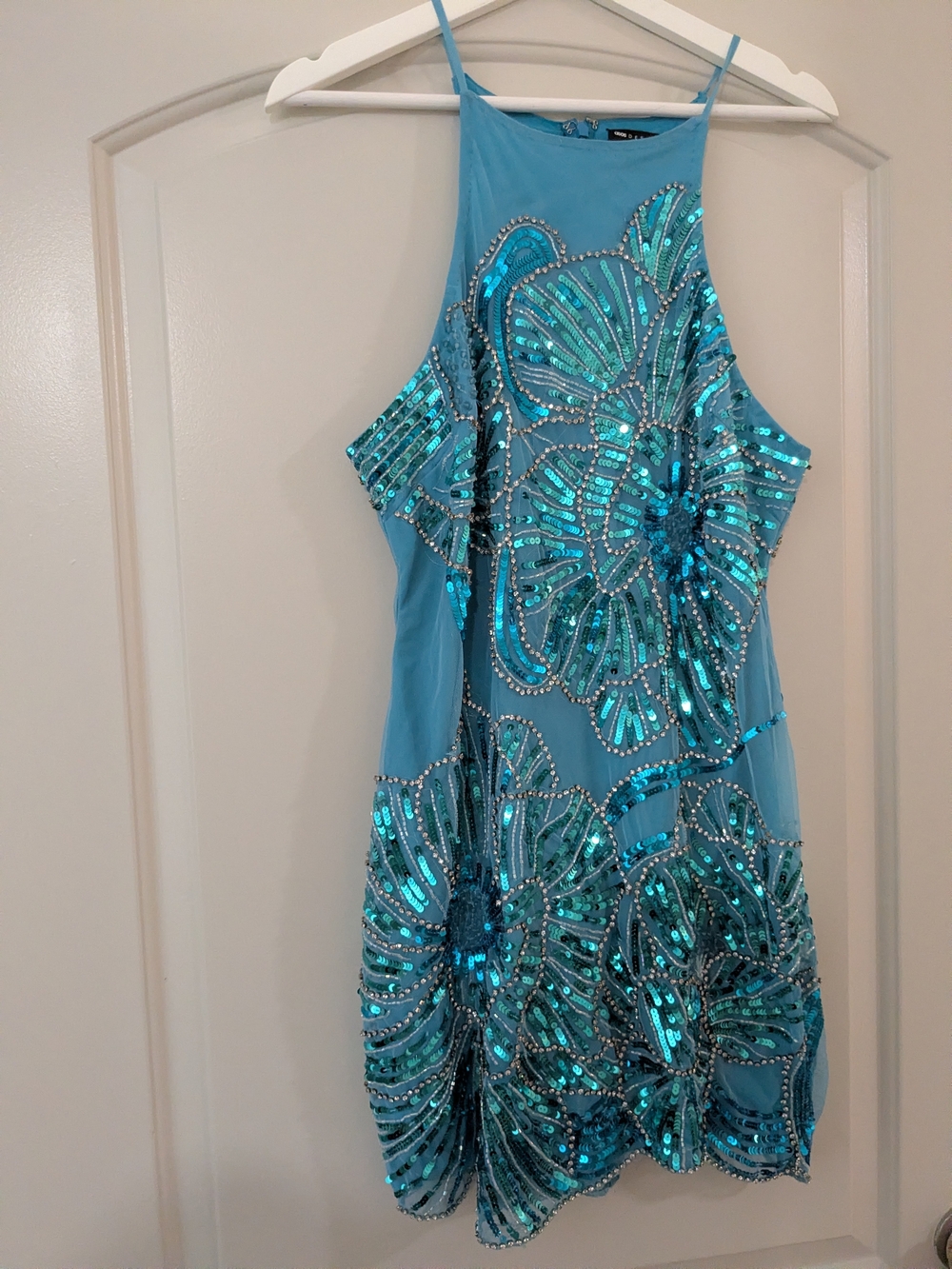 ASOS Design US 4 Turquoise Sequin Floral Mini Dress Halter Party